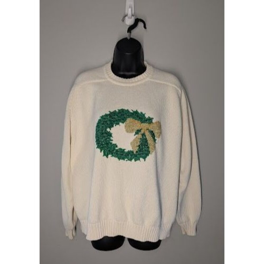 Vintage Lands End Drifter Sweater Womens XL Cream Cotton Knit Crewneck Wreath